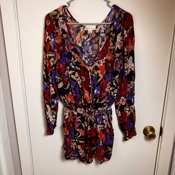 BAND OF GYPSIES COLORFUL FLORAL GAUZY SURPLICE SHORT ROMPER WIGH BALLOON SLEEVES - Picture 1 of 11